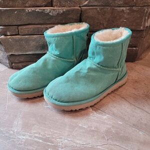 UGG Womens Classic Ankle Boot Blue Teal 7 Fur Mini Booties Winter Snow Tiffany